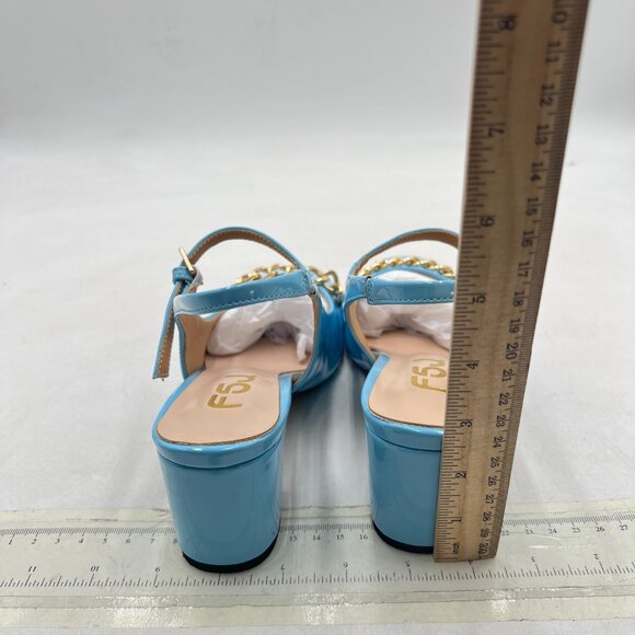 FSJ Sky Blue Slingback Heels Block Chunky Heel Pumps Square Toe Metal Chain Shoe - Picture 5 of 8